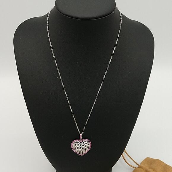 Genevieve 14K Plated Silver CZ with Pink Outline Heart Necklace - Picture 2 of 3